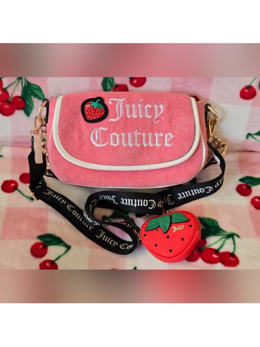 Juicy Couture Pink Embroidered Strawberry Shoulder Bag with Black Strap